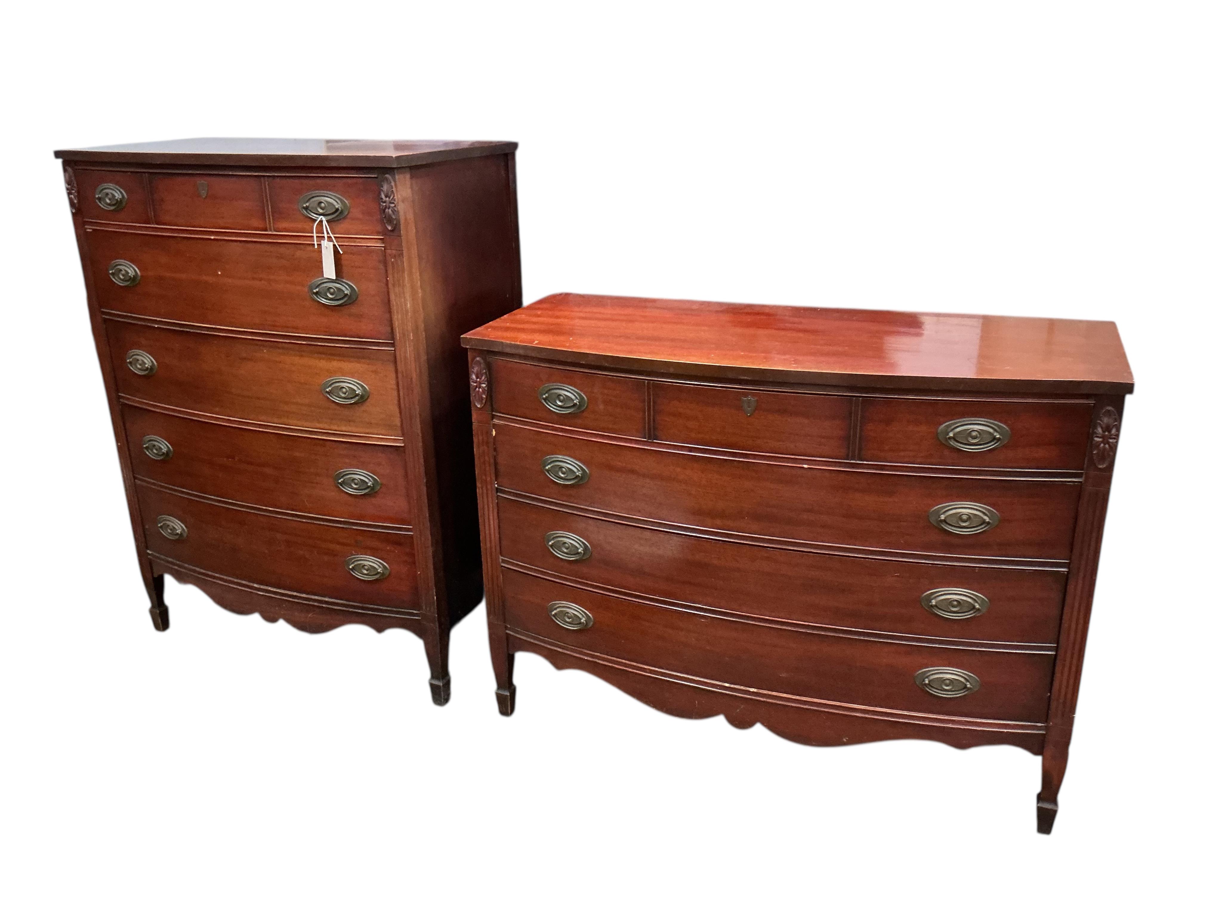 Two reproduction mahogany Dixie mahogany bowfront chests, larger width 120cm, depth 52cm, height 87cm